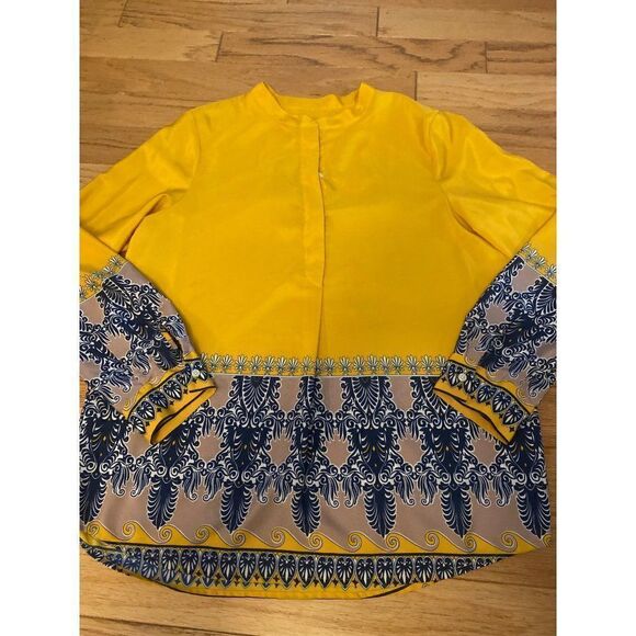 J. Crew, women’s gold/blue patterned long sleeve button front blouse size large - Picture 1 of 9